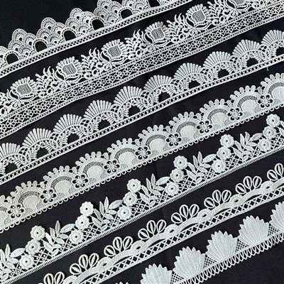 Guipure Polyester wedi'i frodio â les cemegol ar gyfer ffrogiau a dillad isaf